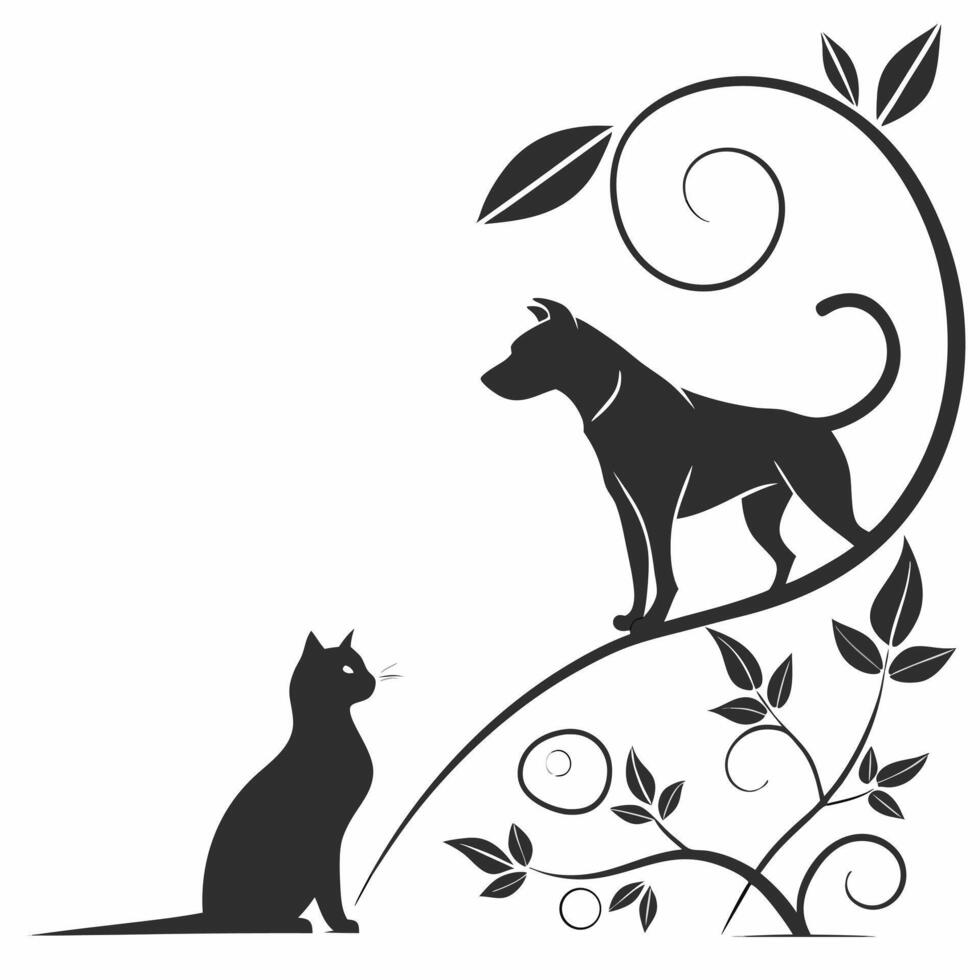 Elegant Black and White Illustration of a Dog and Cat amidst Floral Swirls vector