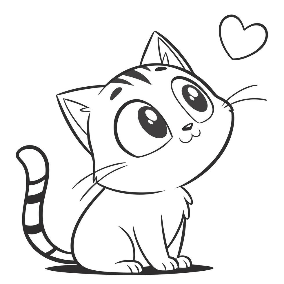 Adorable Kitten Coloring Page Cute Cat with Big Eyes and Heart vector
