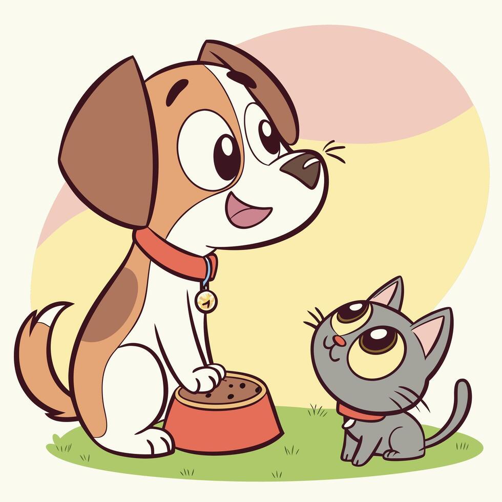 Adorable Puppy and Kitten Sharing a Meal A heartwarming illustration of interspecies friendship vector