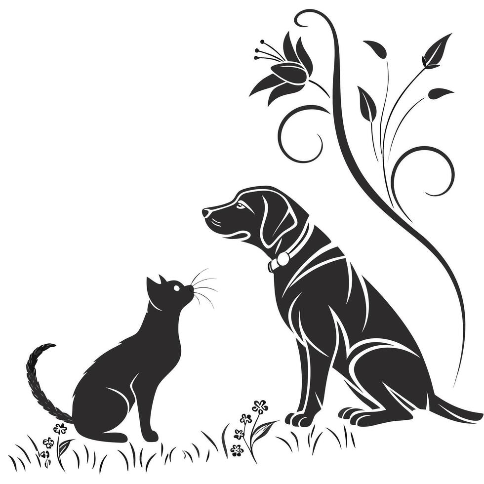 Elegant Black and White Illustration of a Dog and Cat with Floral Design vector