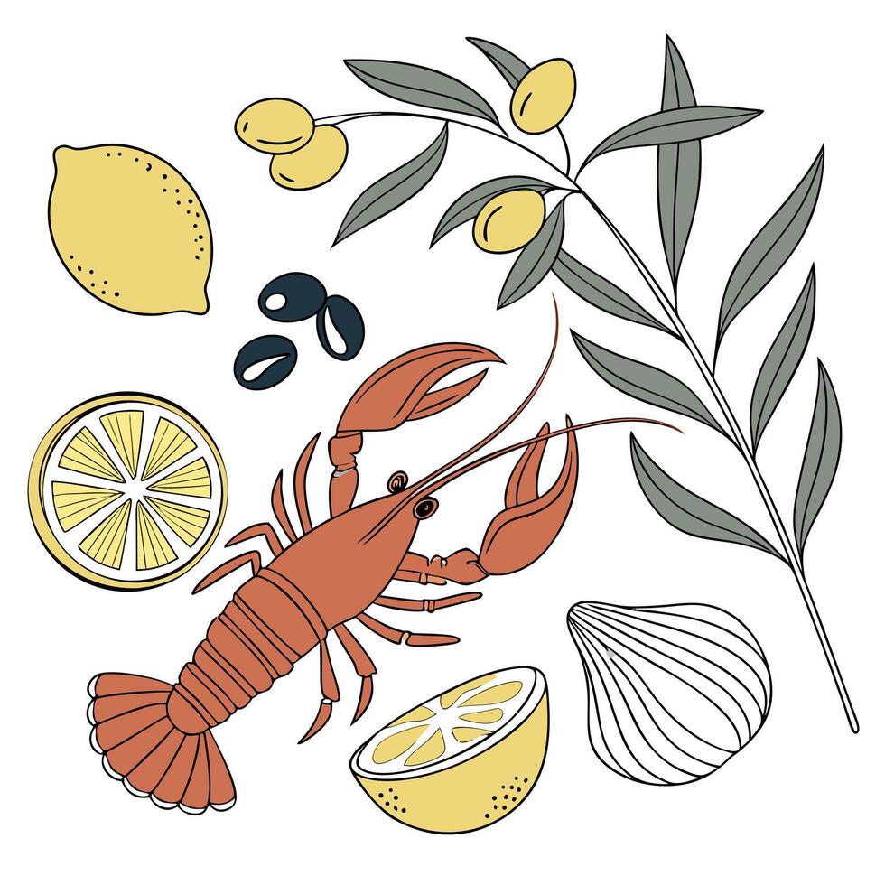 Delicious Lobster with Lemon and Olives A Culinary Illustration . vector