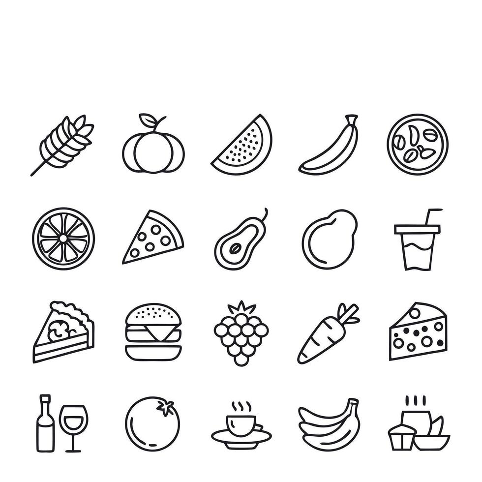 Food Icons Delicious Line Art Collection of Fruits, Vegetables, and Dishes vector