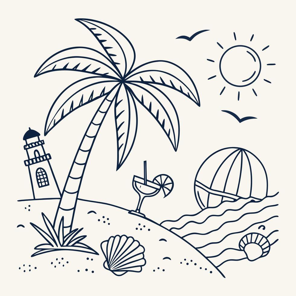 Sunny Beach Scene Palm Tree, Cocktail, and Seashells Line Art vector