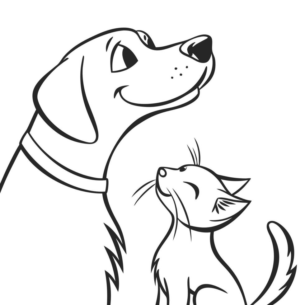 Adorable Dog and Cat Illustration A heartwarming black and white drawing of a friendly dog and a cute kitten, perfect for pet lovers and children's books. vector