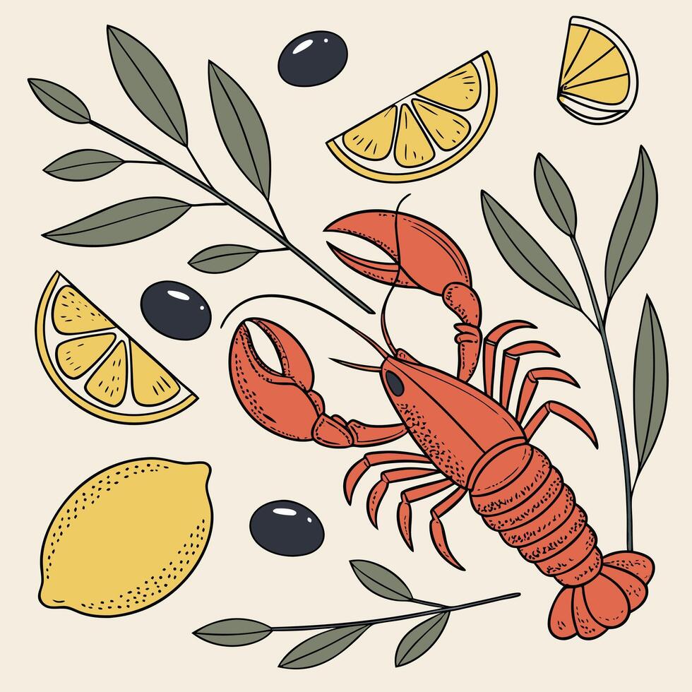 Delicious Lobster with Lemon and Olives A Culinary Illustration vector