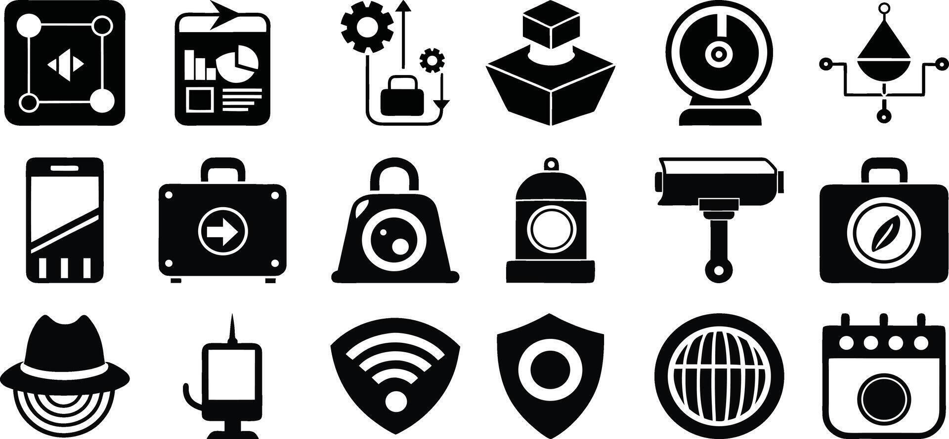 Security system icon set with surveillance camera lock hacker alert for cybersecurity and data protection themes vector