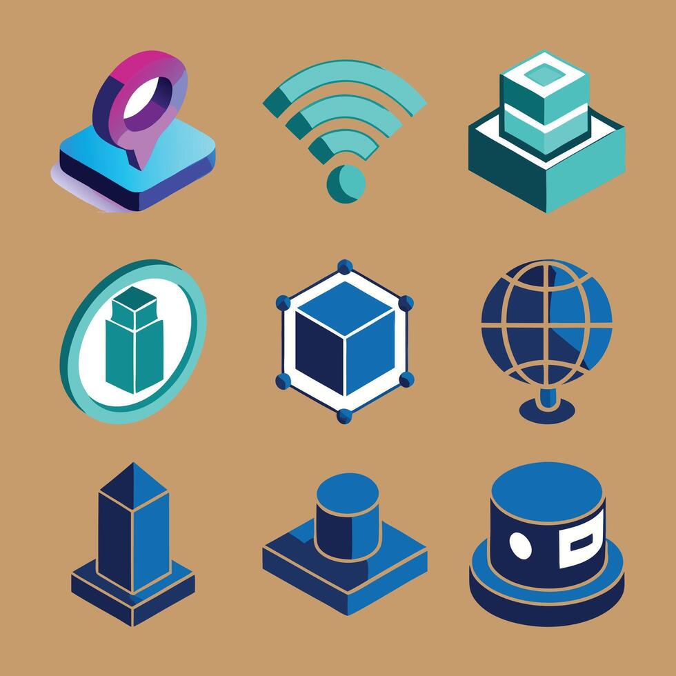 Isometric internet technology icon set with data server cloud cube and WiFi design for modern tech graphics vector