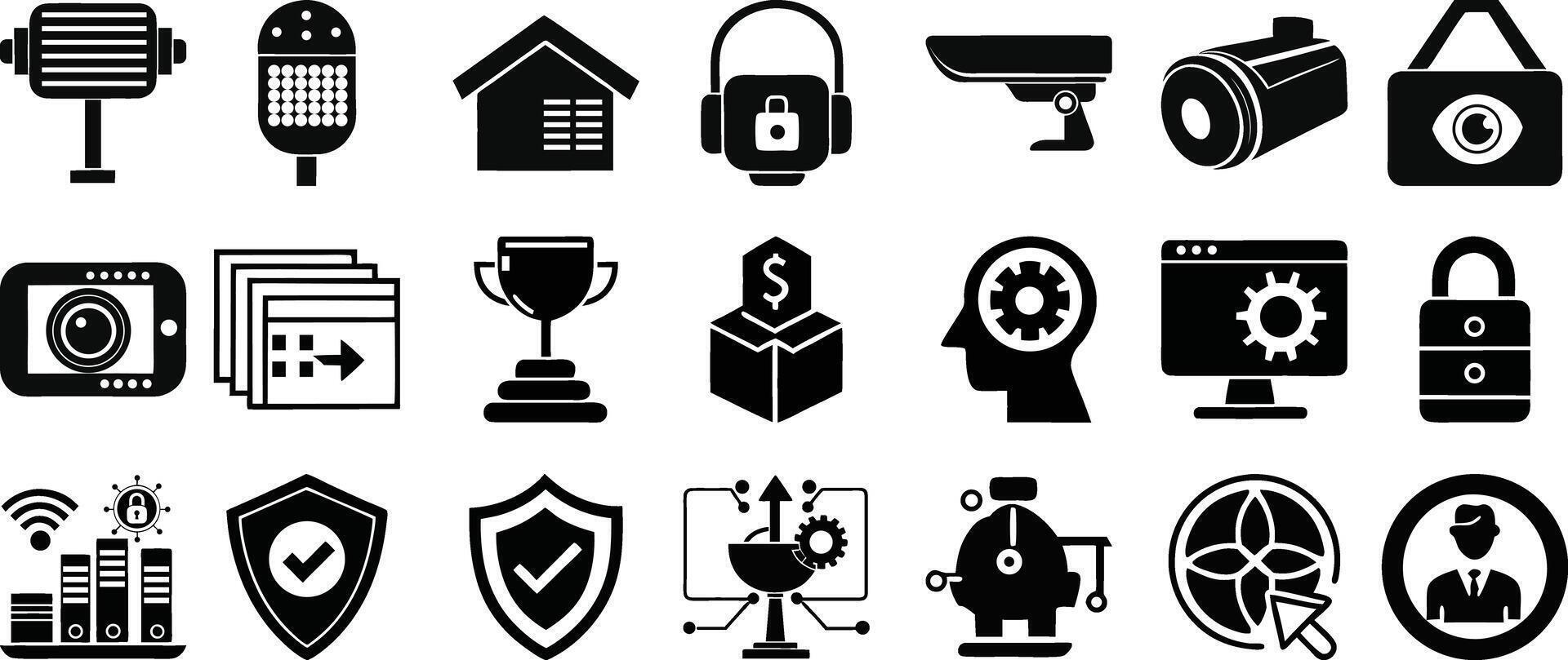 Surveillance icon pack for privacy monitoring password hacking alarm safety shield protection and secure system vector