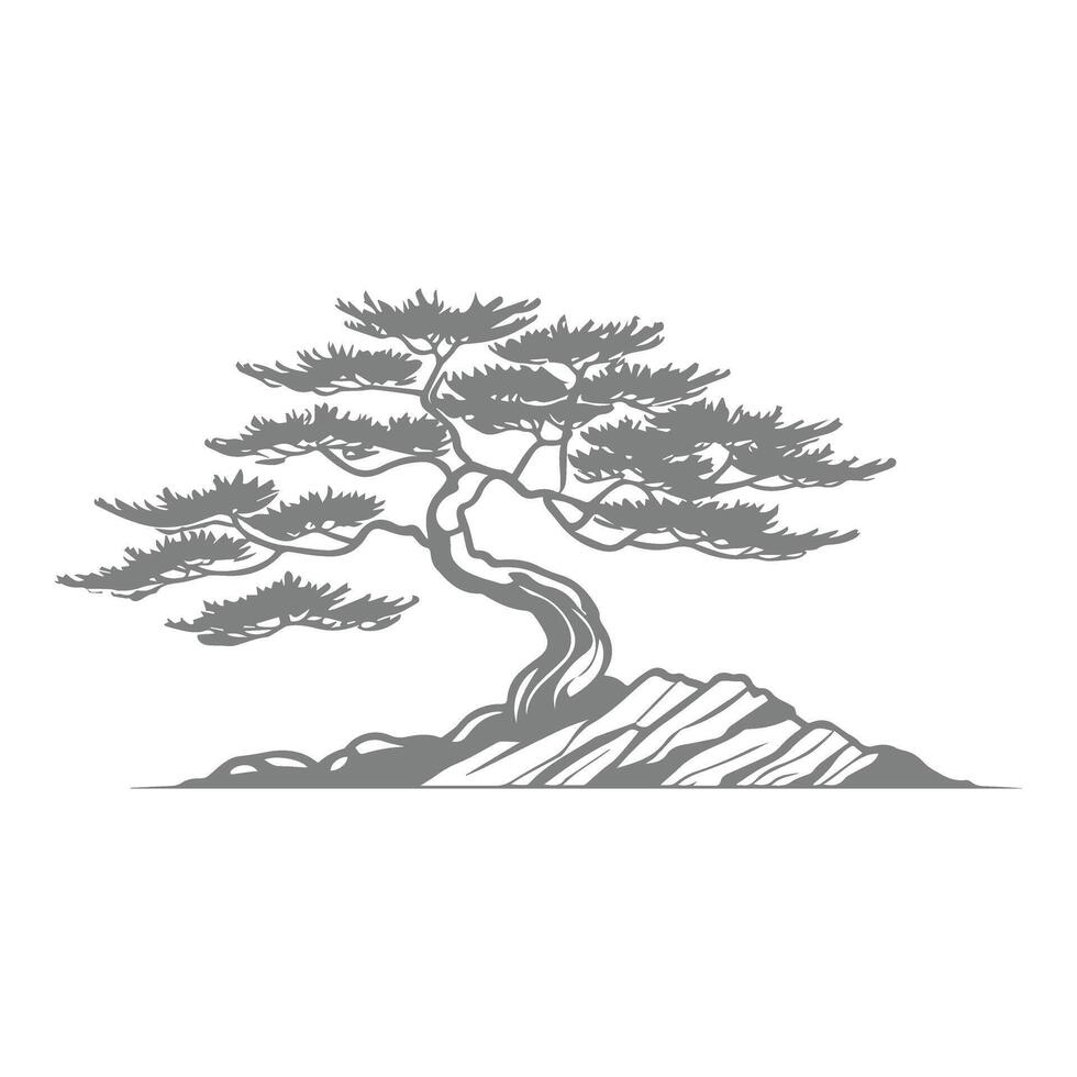 Elegant Bonsai Tree on Rock Formation Hand-drawn vector