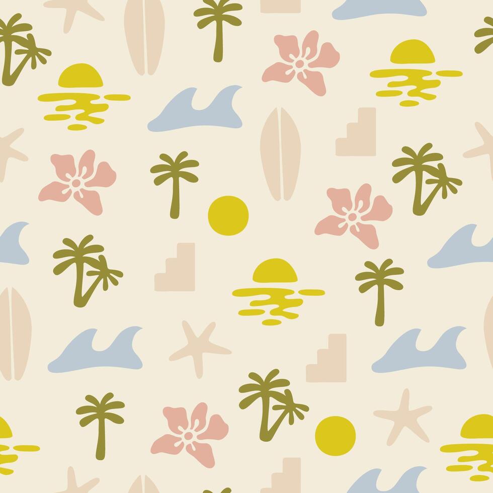 Summer groovy boho minimal organic shapes seamless pattern. Cute pastel colored surfing background vector