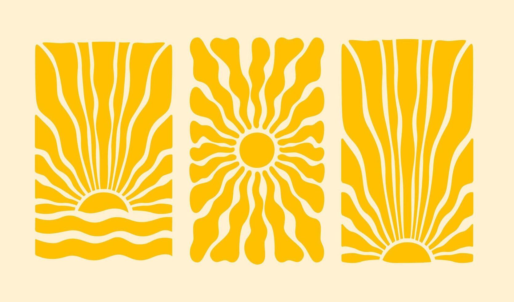 Hippie retro boho style sun. Yellow trendy sunburst. Horizontal and vertical posters vector