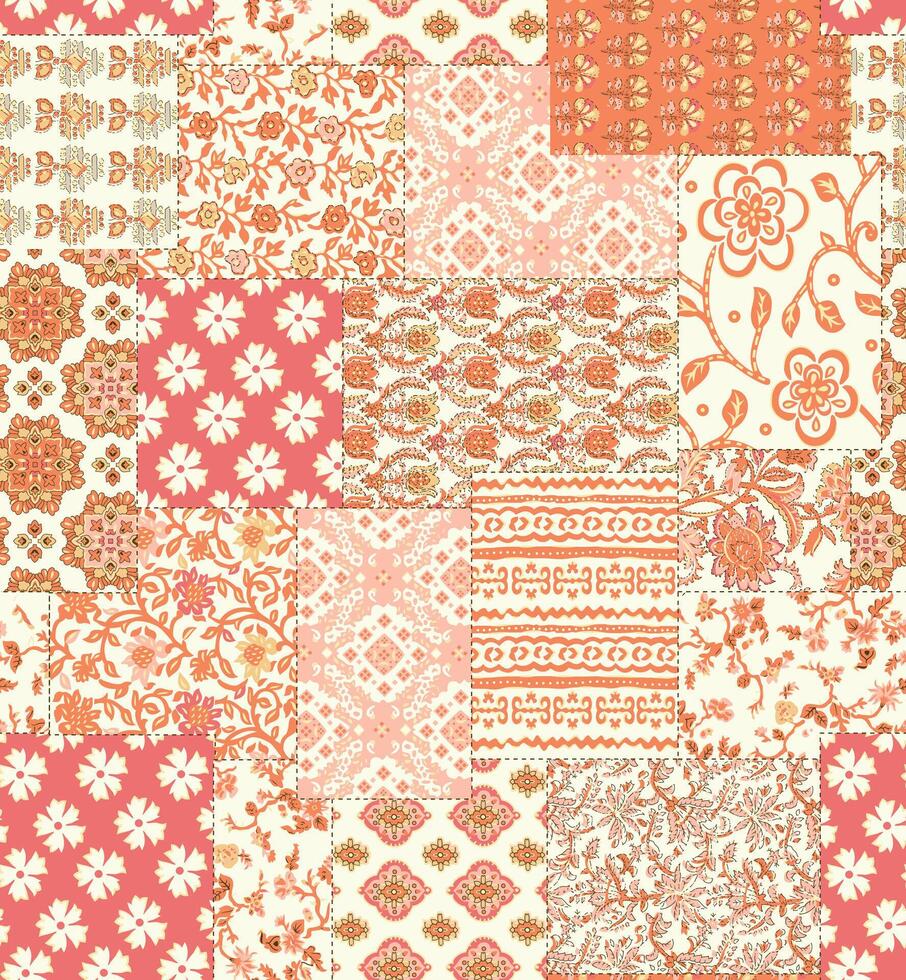 a patchwork pattern with orange and white flowers vector