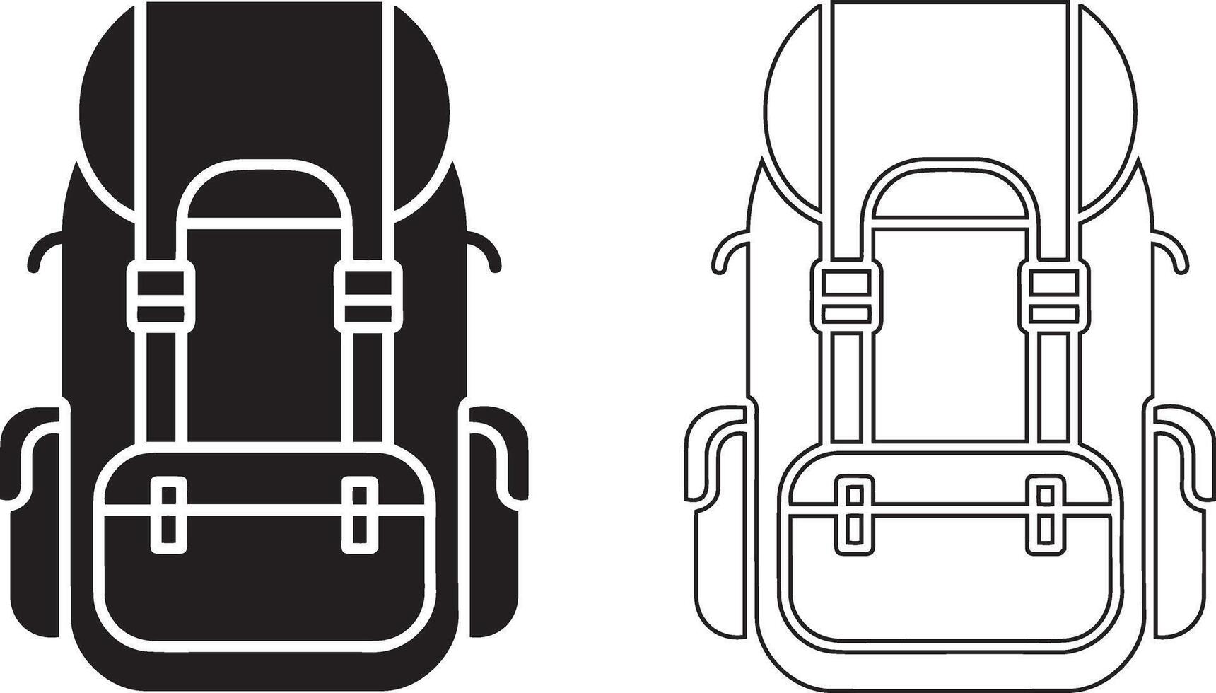 Adventure hiking backpack black and white silhouette and line art outline set icons vector