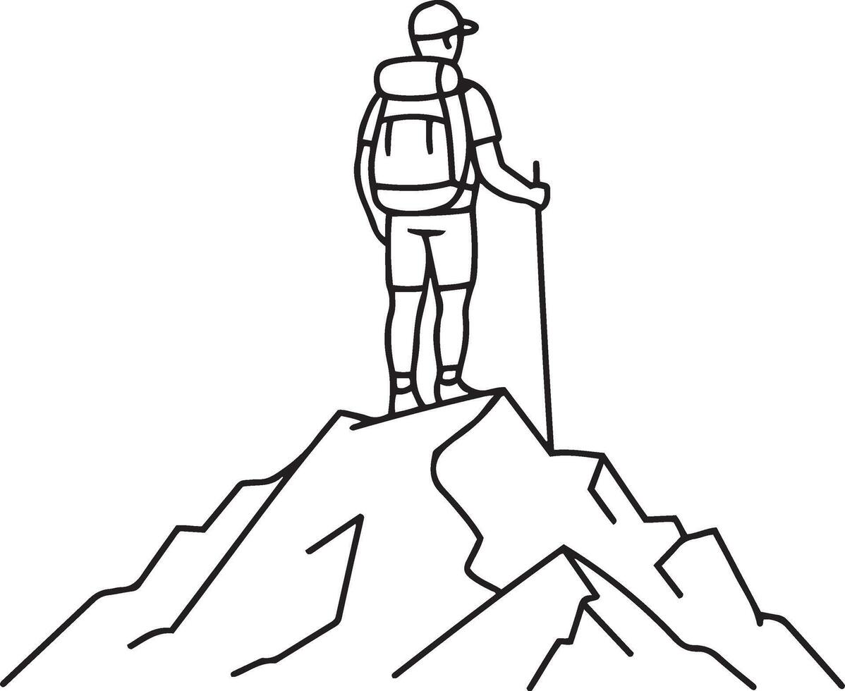 A simple line art illustration of a hiker standing atop a mountain peak. vector