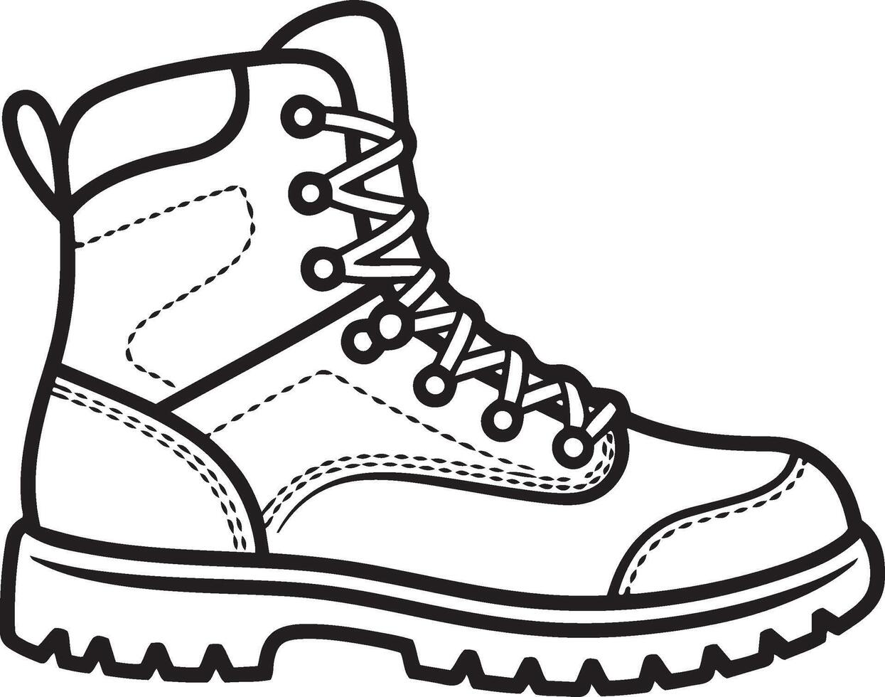 Adventure detailed outline hiking boot with laces and tread sole line art vector