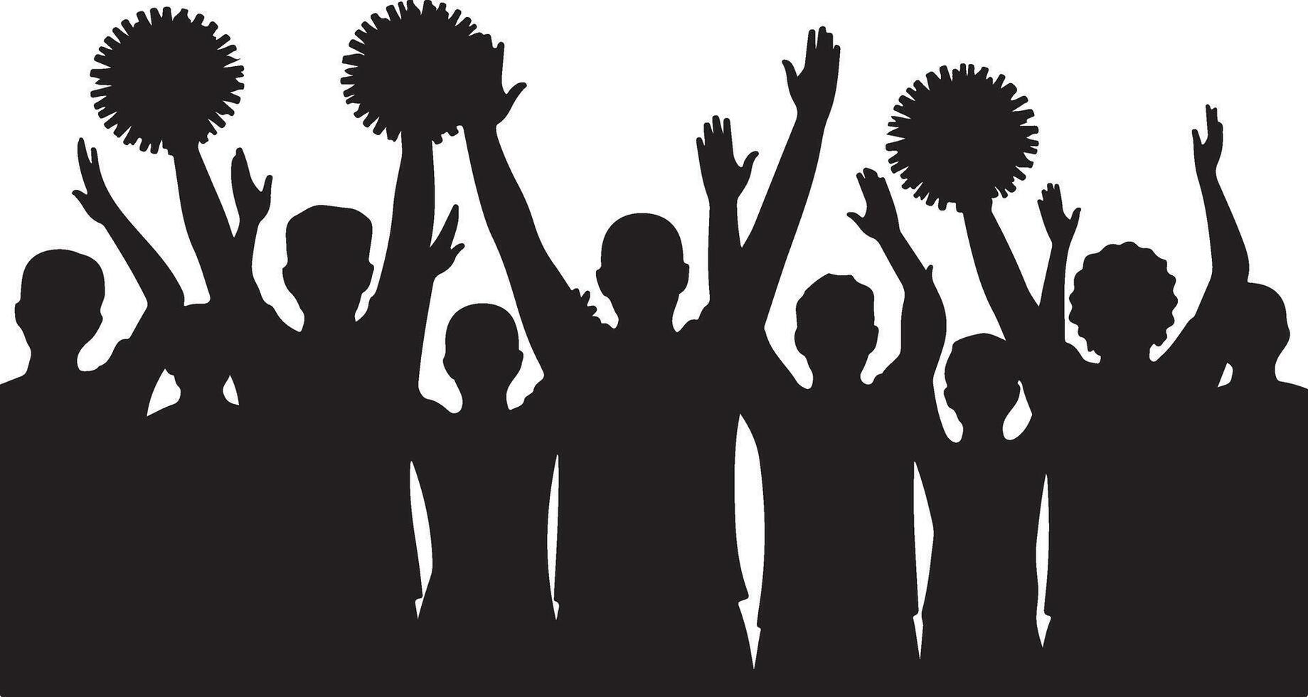Cheering crowd silhouette with raised hands and pom poms, excited fans celebrating victory vector