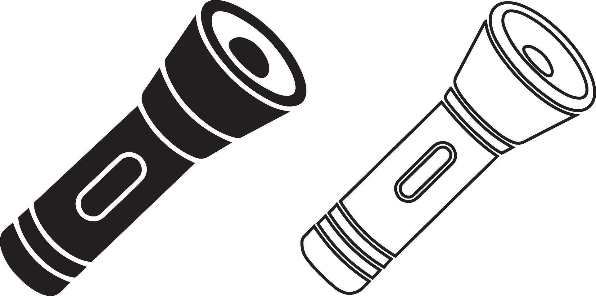 Black silhouette and line art outline flashlight torch set icons vector