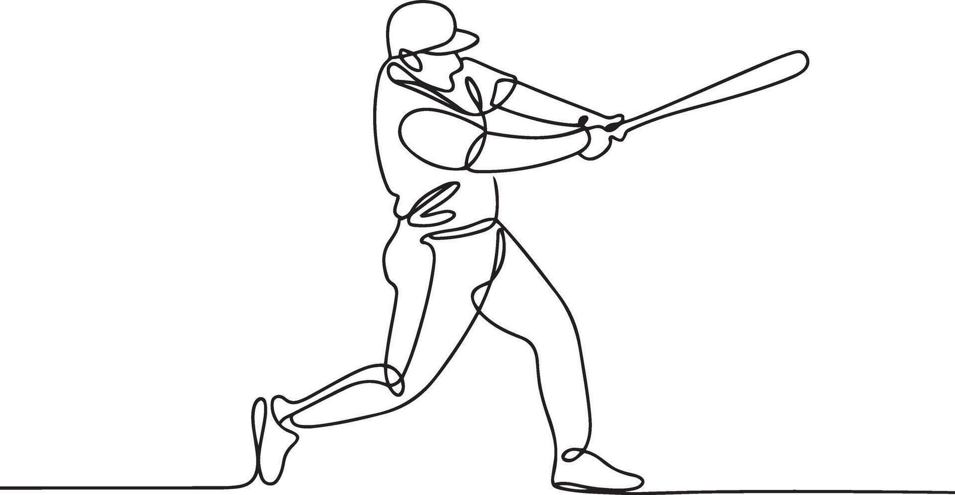Continuous black and white line art drawing of a baseball player hitting ball vector