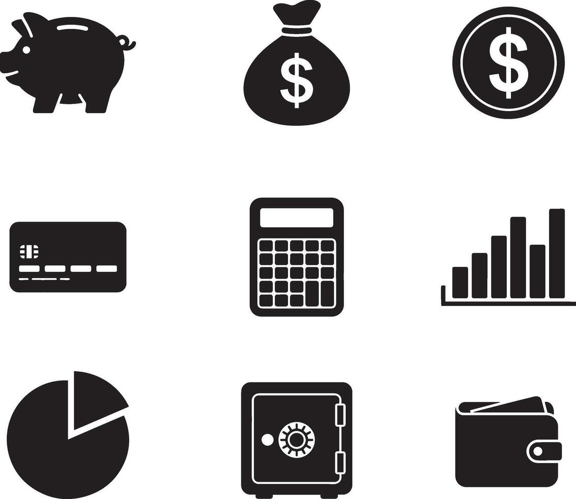 Black and white finance and money icons set, banking, investment, and accounting symbols vector