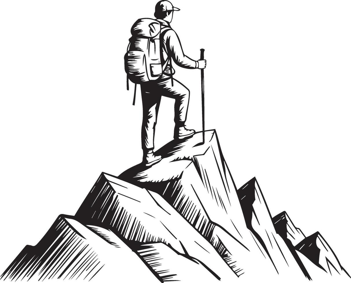 Hand drawn hiker standing on mountain peak achievement silhouette line art illustration vector