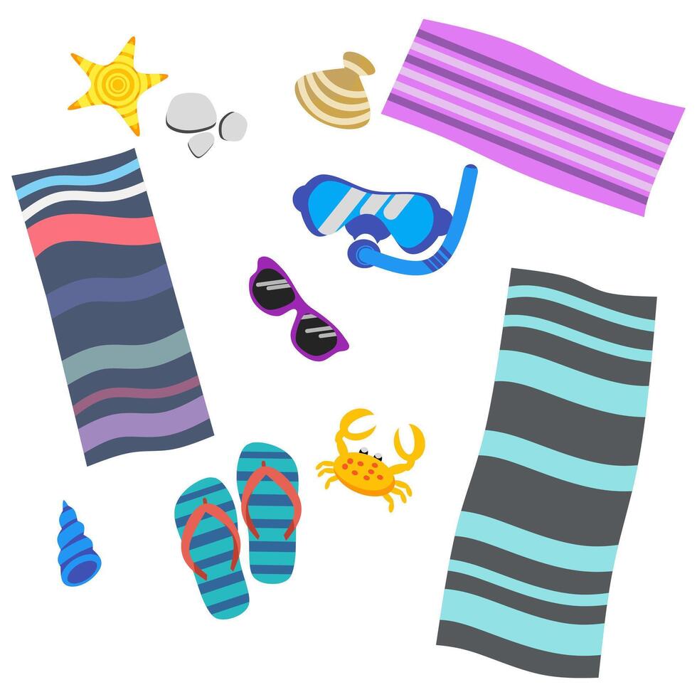 Set of beach objects on white background. vector