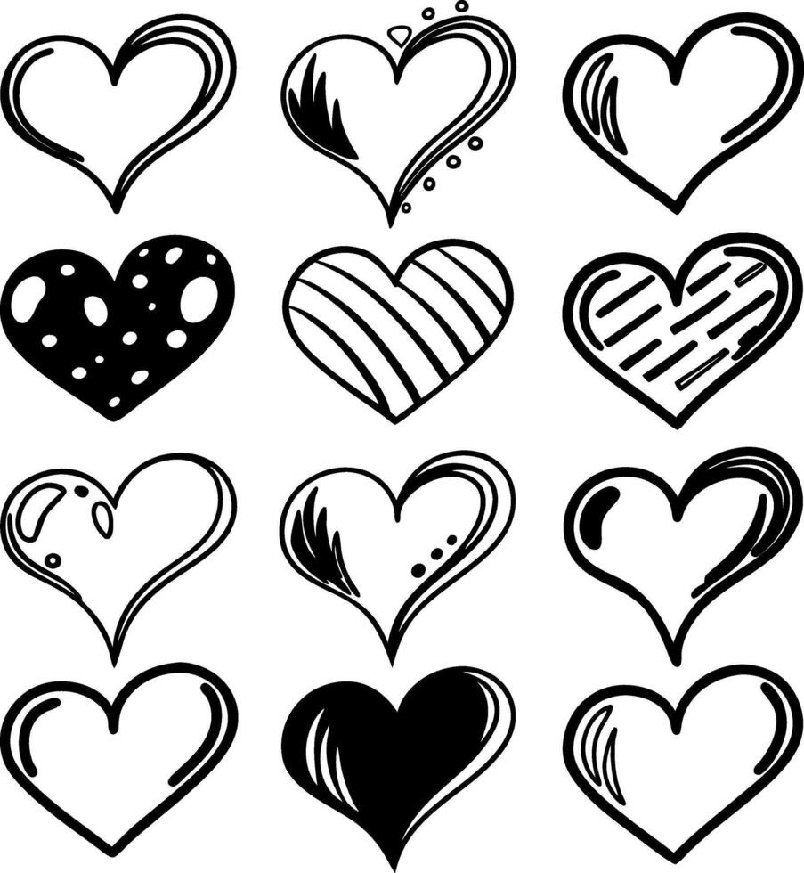 Twelve unique hand drawn heart designs vector