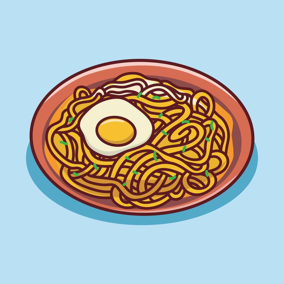 Cute noodles in a plate. Cooked noodles with egg top view. Food cartoon style. illustration. vector