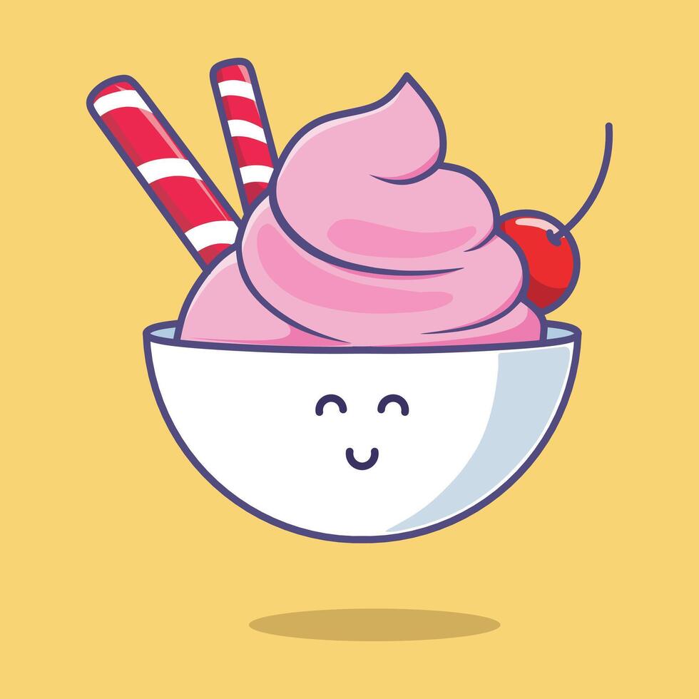 Cute ice cream in a bowl with cherry fruit topping vector