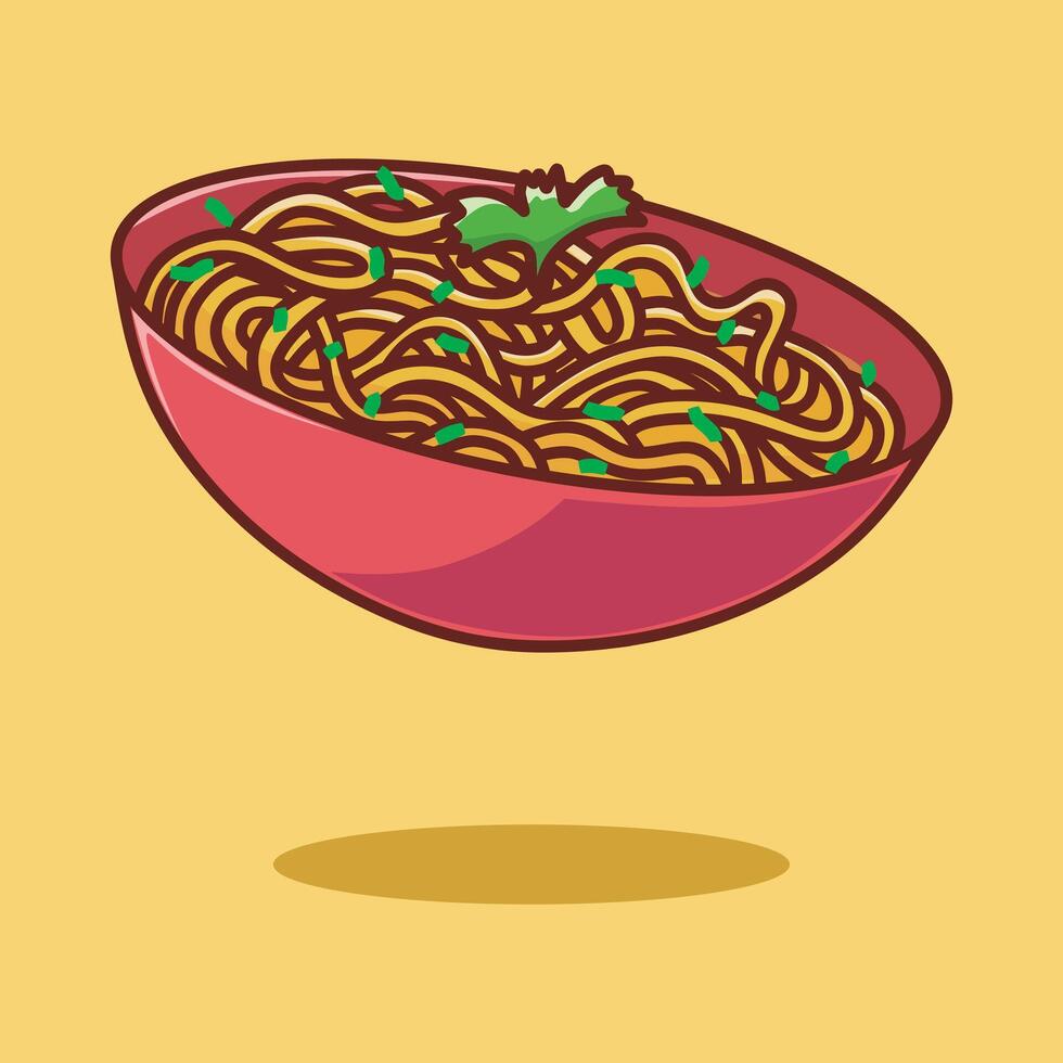 Cute noodle . Traditional asian ramen soup with in red bowl. Japanese food. illustration in flat style isolated on yellow background. vector