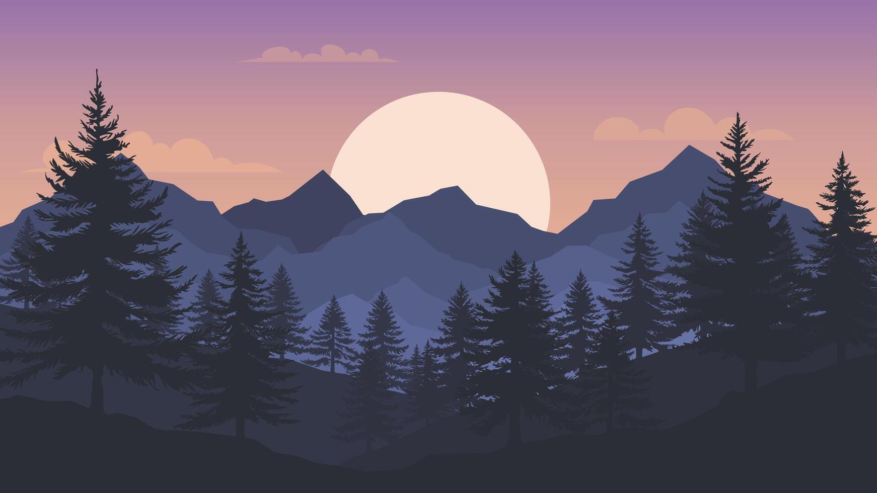 Mountain landscape and pine forest. Flat style background vector