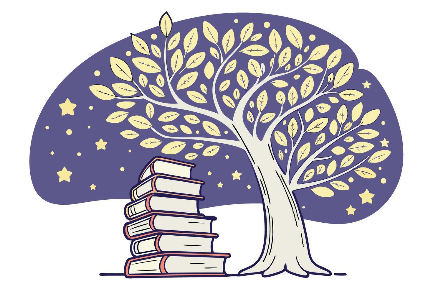 Books blossoming into a magical tree, emitting light and stars, symbolizing the spread of knowledge World Book and Copyright Day vector