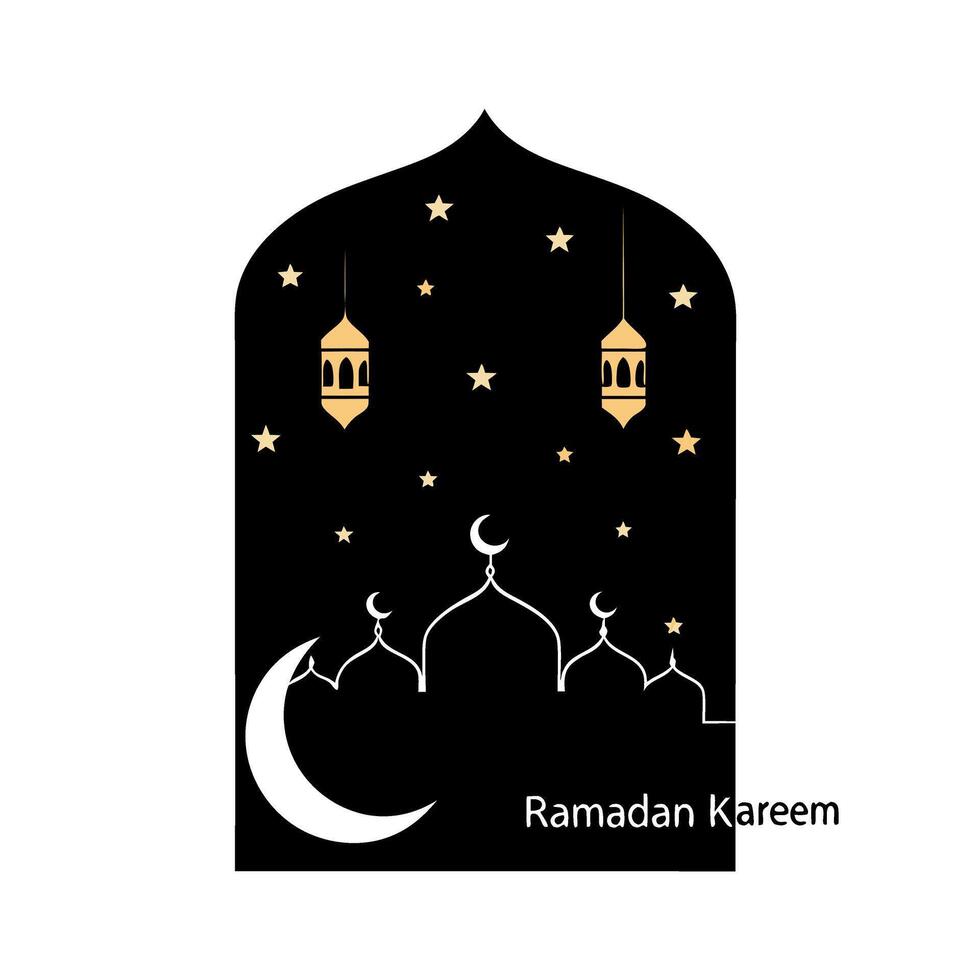 Elegant Ramadan Kareem greeting card featuring a golden mosque silhouette and crescent moon with stars, Ramadan Islamic icon vector