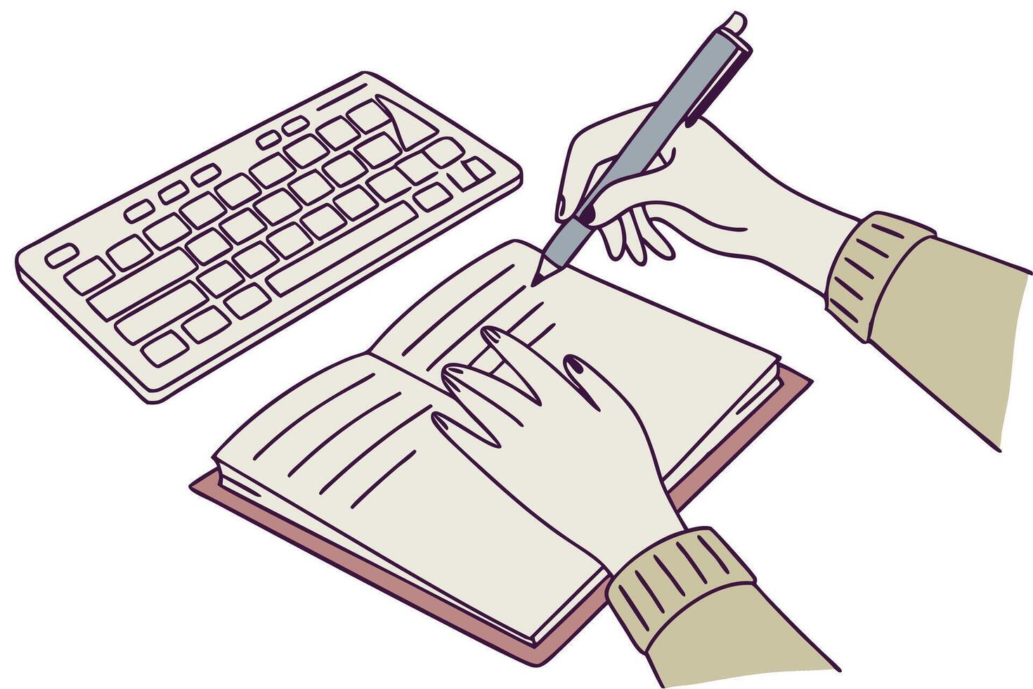 Hand writing in a notebook while using a computer keyboard, symbolizing the blend of traditional and digital writing for World Book and Copyright Day vector