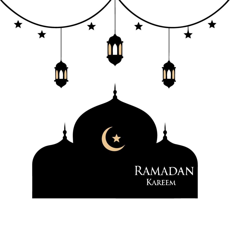 Ramadan Kareem greeting card with golden mosque silhouette, crescent moon, and stars, perfect for the holy month, Ramadan Islamic icon vector