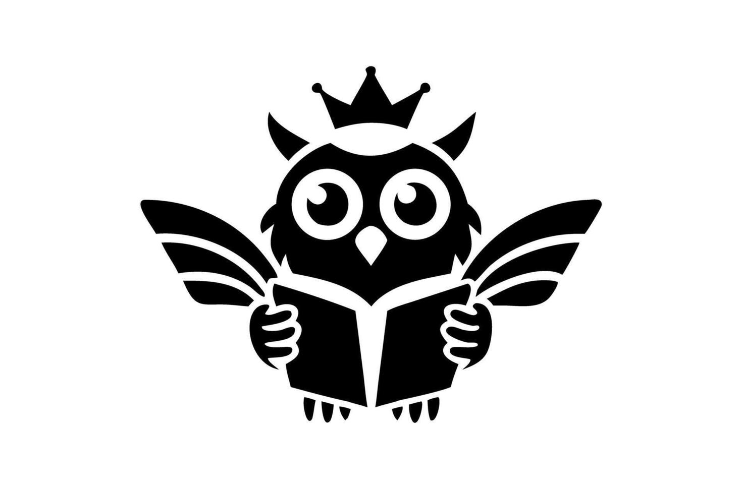 Cute owl holding a book with a crown on its head, great for World Book Day, reading, literacy, and educational themes in a playful cartoon style vector