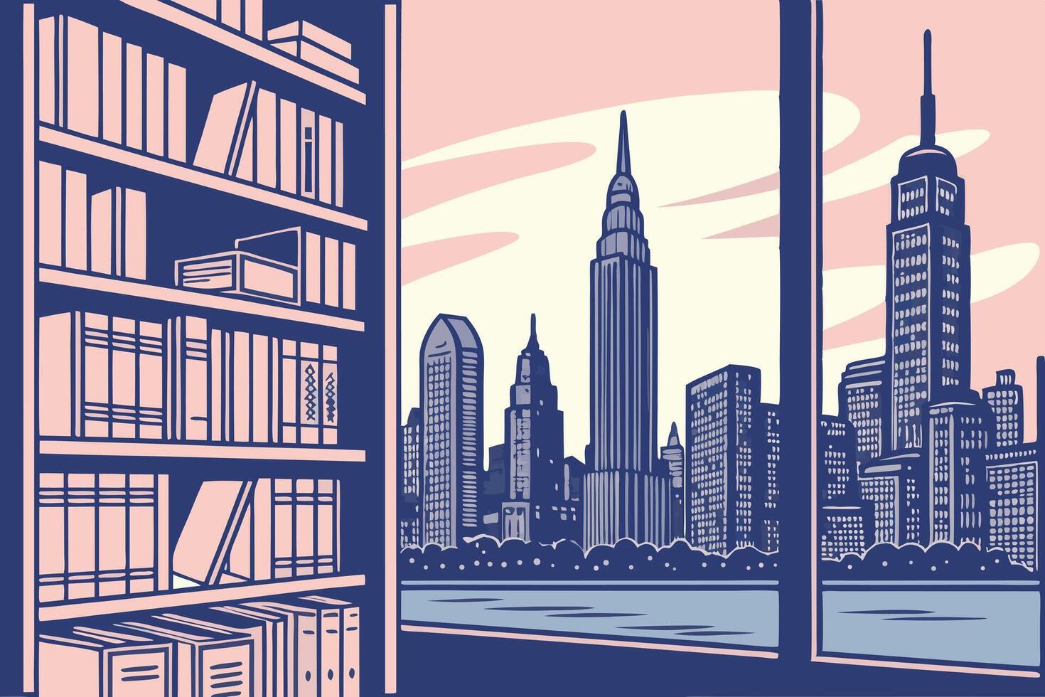 Bookshelf transforming into a dynamic city skyline with a glowing sunset backdrop, representing the power of ideas and cities on World Book and Copyright Day vector