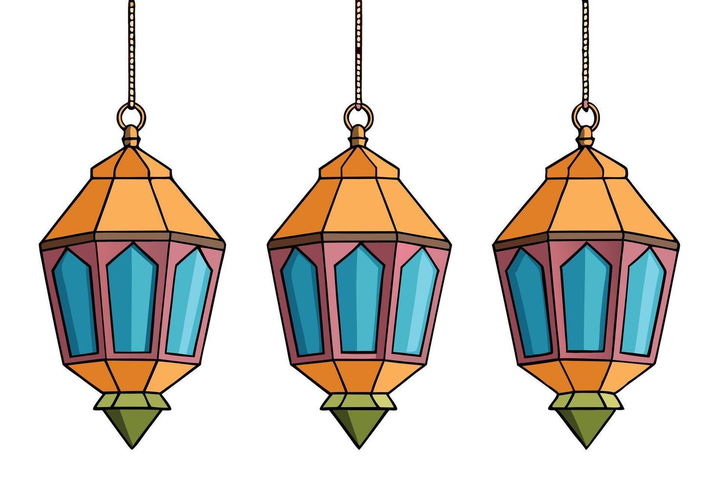 Intricately designed Ramadan lanterns in vibrant colors with hanging chains, perfect for the holy month of Ramadan and festive decoration vector