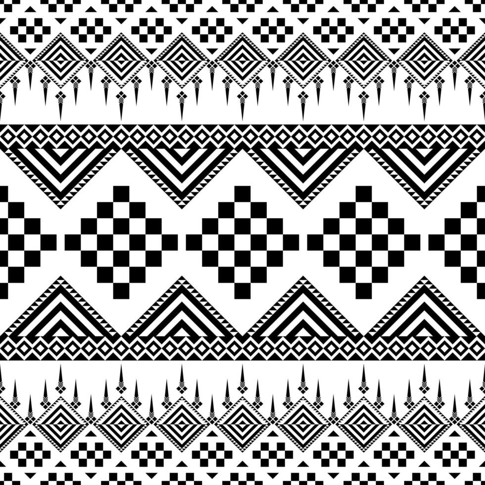 A seamless tribal pattern in black and white, combining checkered diamonds, stripes, and triangles. Perfect for textiles, backgrounds, and ethnic-inspired designs. vector
