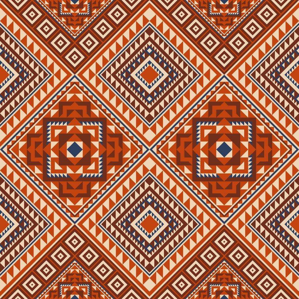 A vibrant seamless Aztec pattern in rust red, navy, and ivory with layered diamond and triangle motifs. Ideal for textiles, decor, fashion, and bold ethnic designs. vector