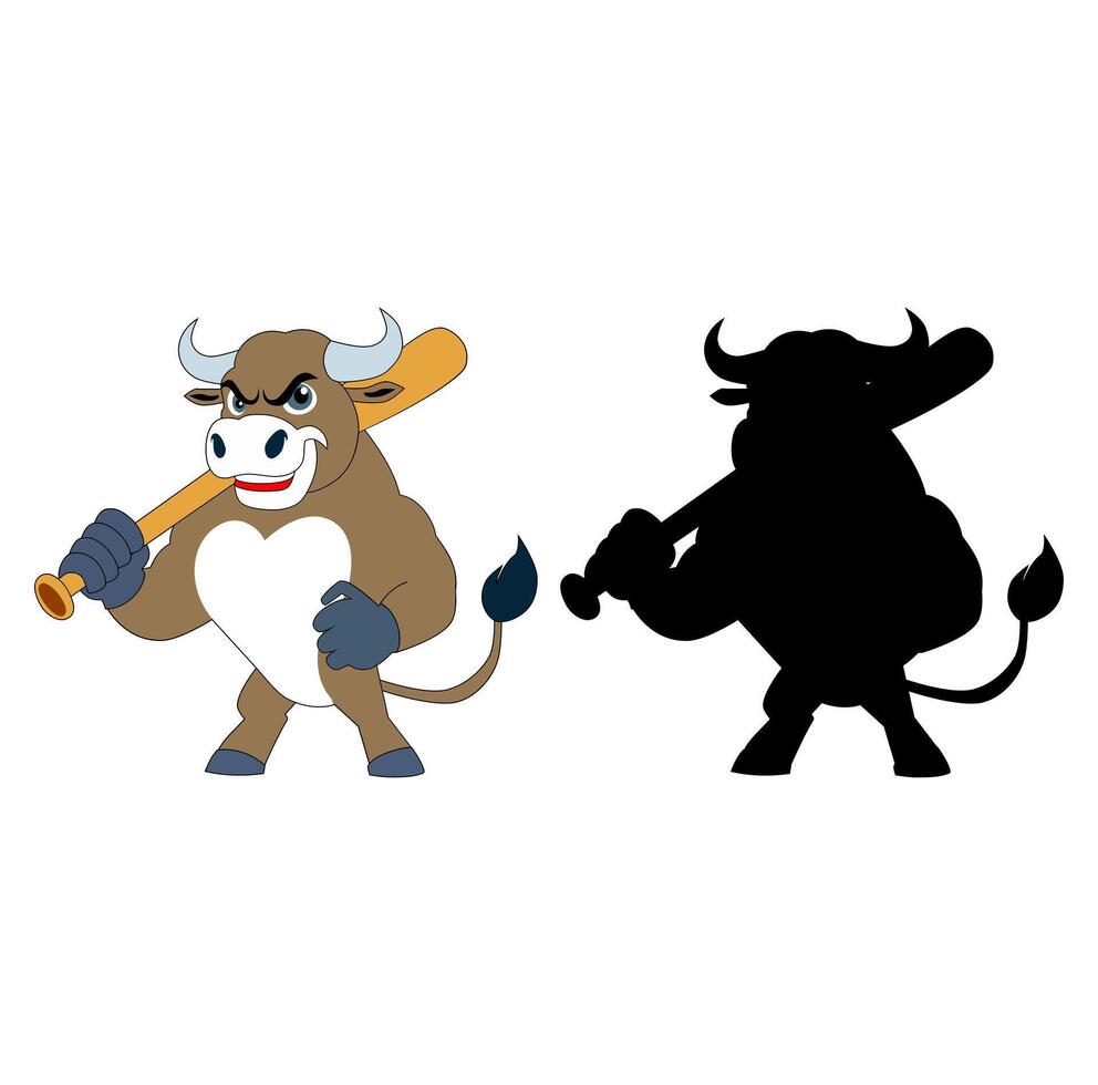 Cartoon Logo Baseball Colored And Silhouette Strength Bull Simple Design Icon Digital Source vector