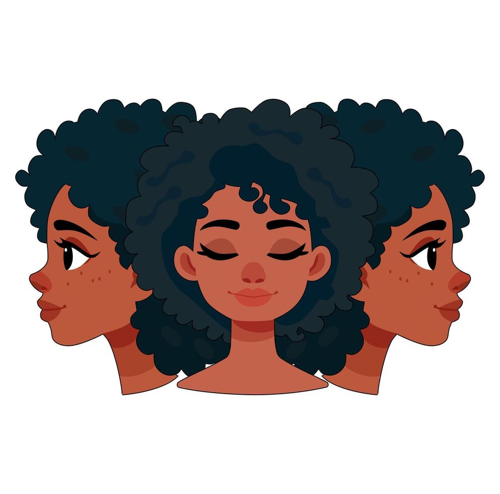 Cartoon Beautiful Woman With Afro Hair Front And Side Face Simple Design Icon Digital Source vector