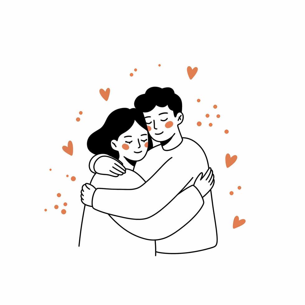 Embracing Couple with Closed Eyes Surrounded by Floating Hearts and Dots vector