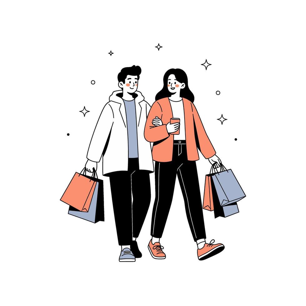 Stylish couple walking with shopping bags and a drink, outlined illustration vector