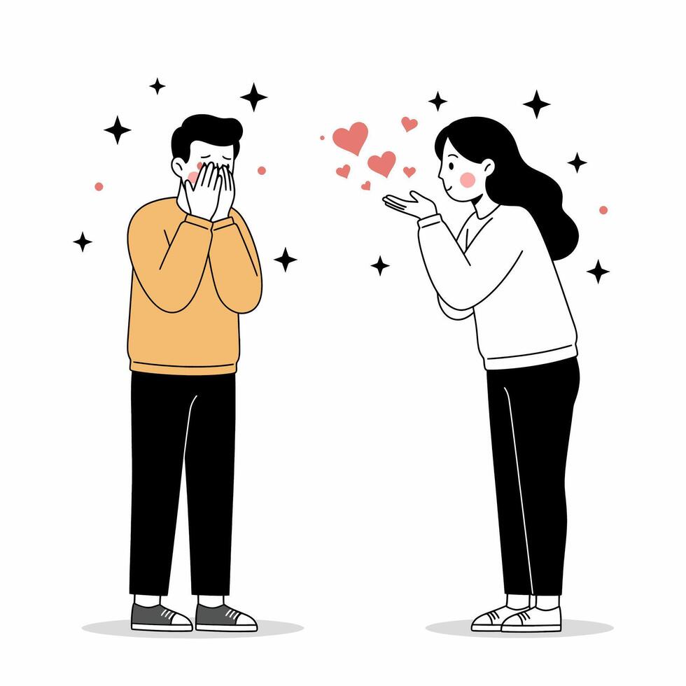 Woman blowing hearts towards a man covering face, expressing love and affection. vector