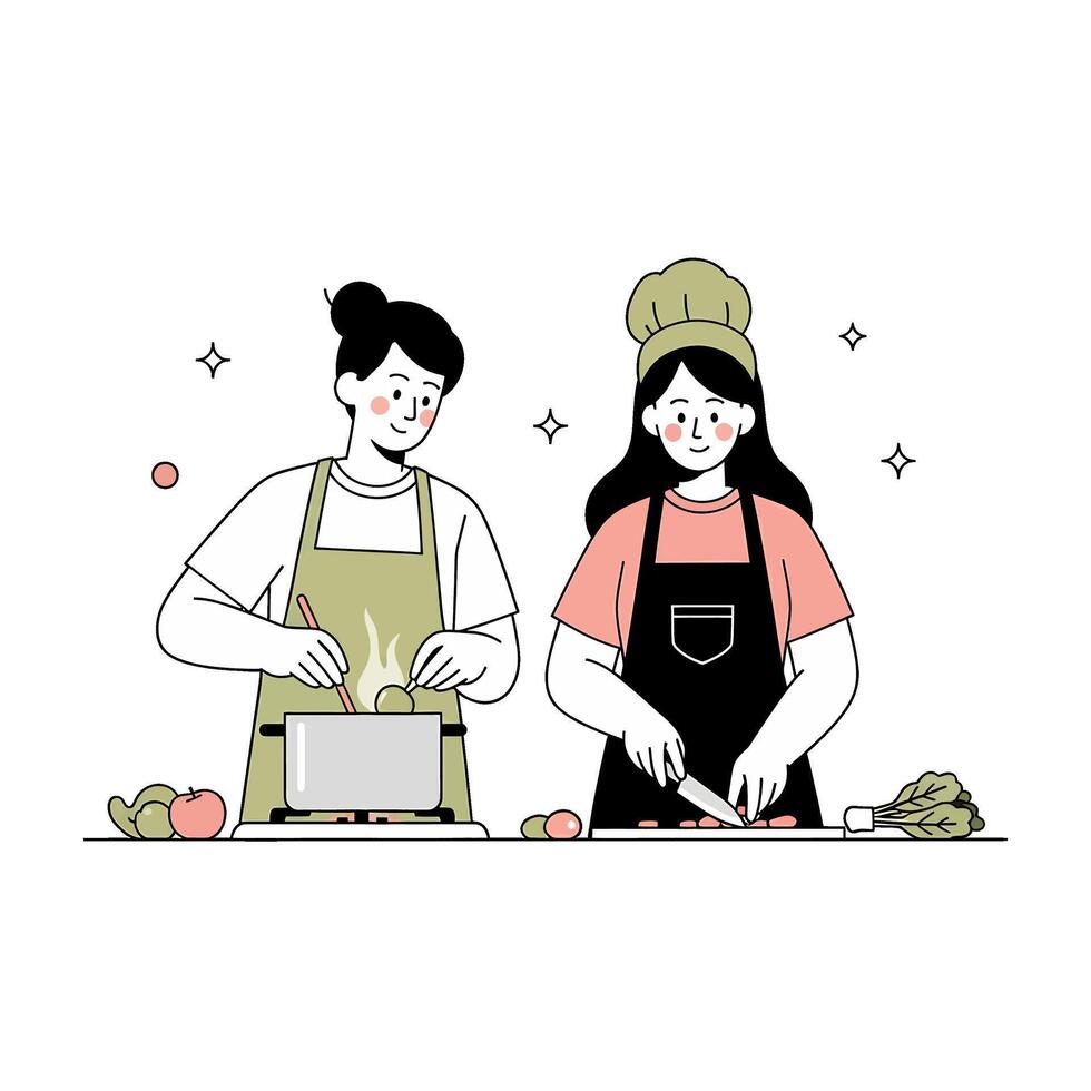 Two Cartoon Chefs Preparing a Meal Together vector
