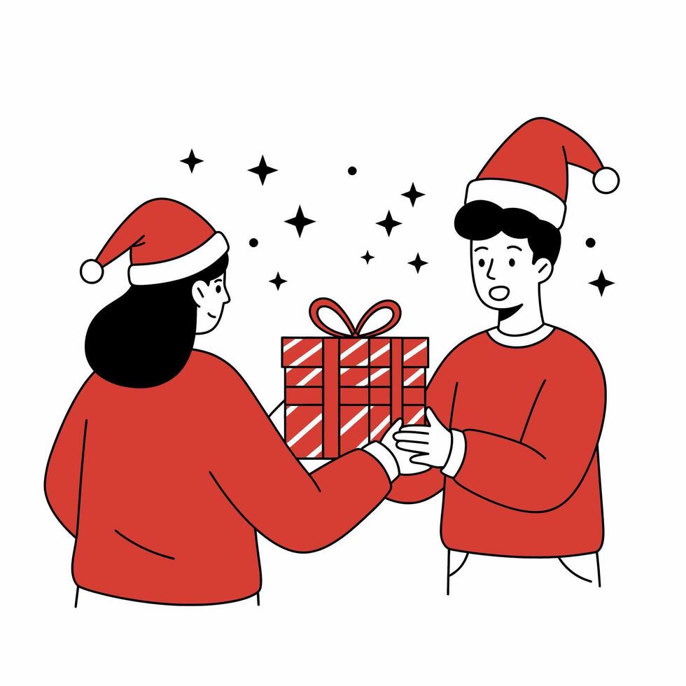 Cartoon Christmas Gift Exchange with Santa Hats and Sparkling Stars vector