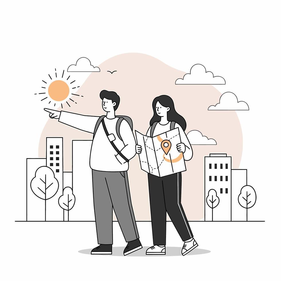 Couple Exploring City Using Map on Sunny Day vector