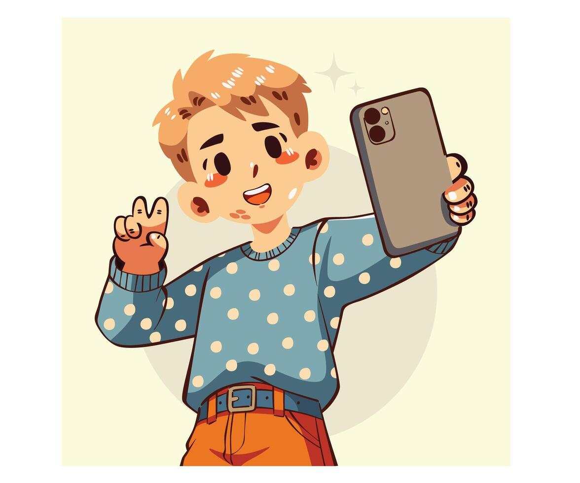 Boy with a smartphone taking a selfie vector