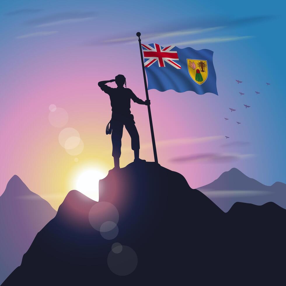 Turk and Caicos flag raised on mountain peak with purplish yellow sunset background vector