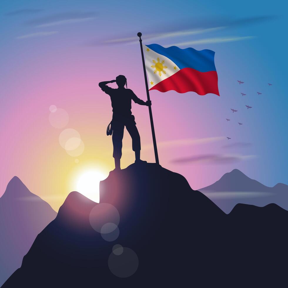 Philippines flag raised on mountain peak with purplish yellow sunset background vector